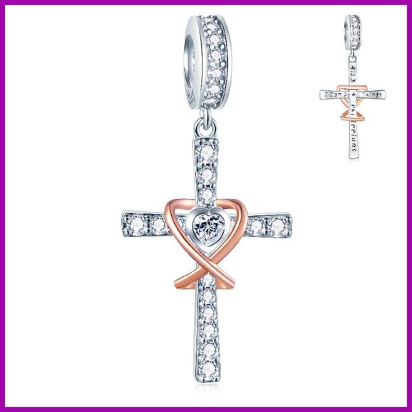 925 Sterling Silver Cross Charm with Cubic Zirconia for Bracelet or Necklace - Picture 1 of 8